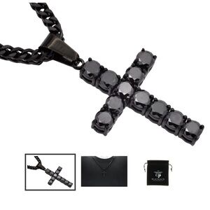 Mens Black Stainless Steel Cross Pendant With Black Cubic Zirconia Embedded